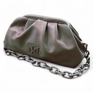 NWT Badgley Mischka Vegan Leather Frame Clutch Taupe BM Logo Convertible Strap